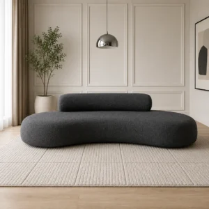Dark Grey Curved Sofa with curved profile, premium textured fabric, and exceptional comfort in Dubai.