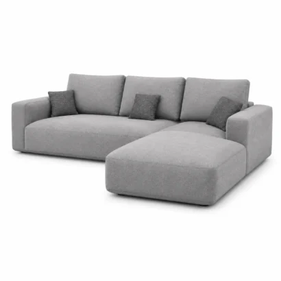 Premium grey fabric L-shaped sectional sofa with deep seating and modern design available in Dubai.