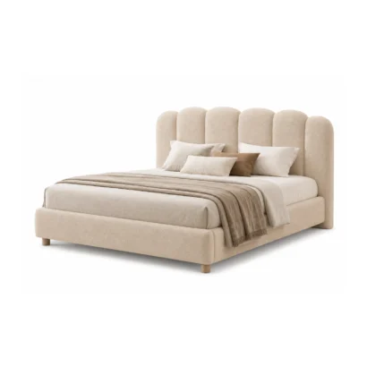 Contemporary upholstered bed with soft curved headboard and minimalist wooden legs for modern bedrooms.