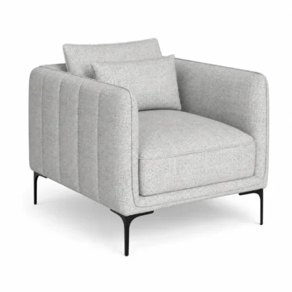 Rae modern upholstered armchair side view with slim black legs