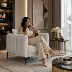 Rae modern upholstered armchair with textured fabric for UAE homes