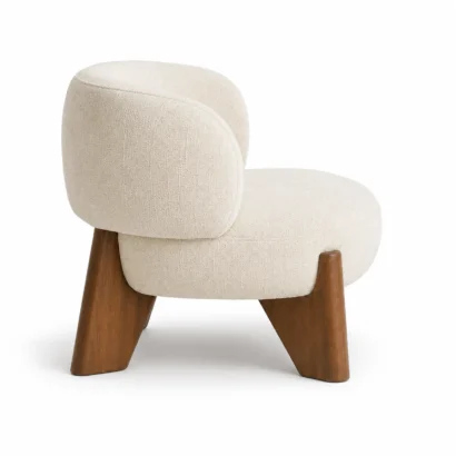 Silton wide accent chair rear corner view with sculptural wooden legs