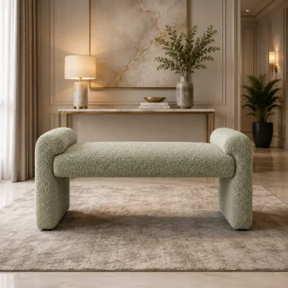 SoftNest Designer Bouclé Bench styled in a luxury modern room in Dubai