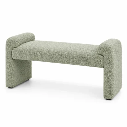 SoftNest Designer Bouclé Bench in sage textured upholstery with modern curved design