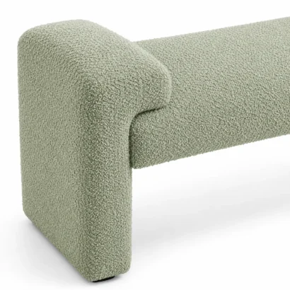 SoftNest Designer Bouclé Bench close-up showing textured sage upholstery and rounded arm detail
