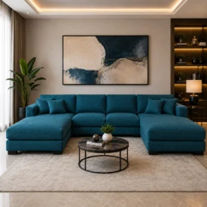 Premium Teal Blue Fabric Corner Sofa for spacious living rooms, offering superior comfort, solid wood construction and modern style.