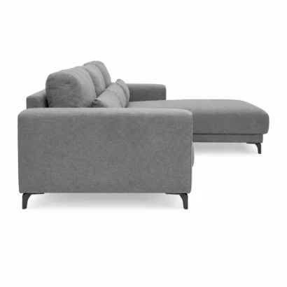 Side profile of UrbanNest Grey L-Shaped Sectional Sofa with spacious chaise lounge and modern black metal legs.