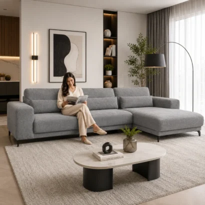 UrbanNest Grey L-Shaped Sectional Sofa placed in a luxury modern living room with premium woven fabric upholstery.