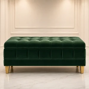Luxury velvet storage ottoman bench in deep green velvet for elegant home interiors