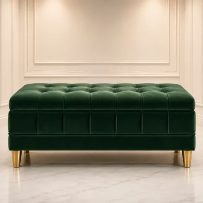 Luxury velvet storage ottoman bench in deep green velvet for elegant home interiors
