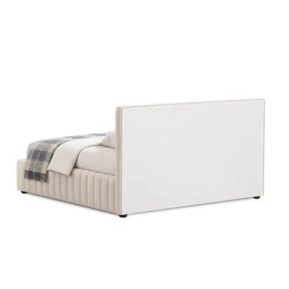 Modern king size fabric bed frame with plush headboard by Ansary Furniture Dubai.