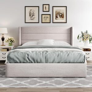 Front-facing view of a Premium quality fabric storage Bed Frame with a light gray wingback headboard and horizontal channeling.