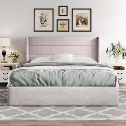Front-facing view of a Premium quality fabric storage Bed Frame with a light gray wingback headboard and horizontal channeling.