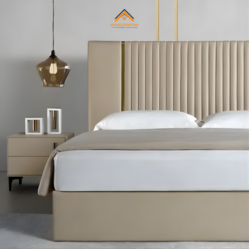 Bettie Luxury Bouclé Bed – Modern Channel Tufted King Bed with Gold Accent 2 Ansary Furniture Bettie Bed with textured bouclé fabric and gold metal details.