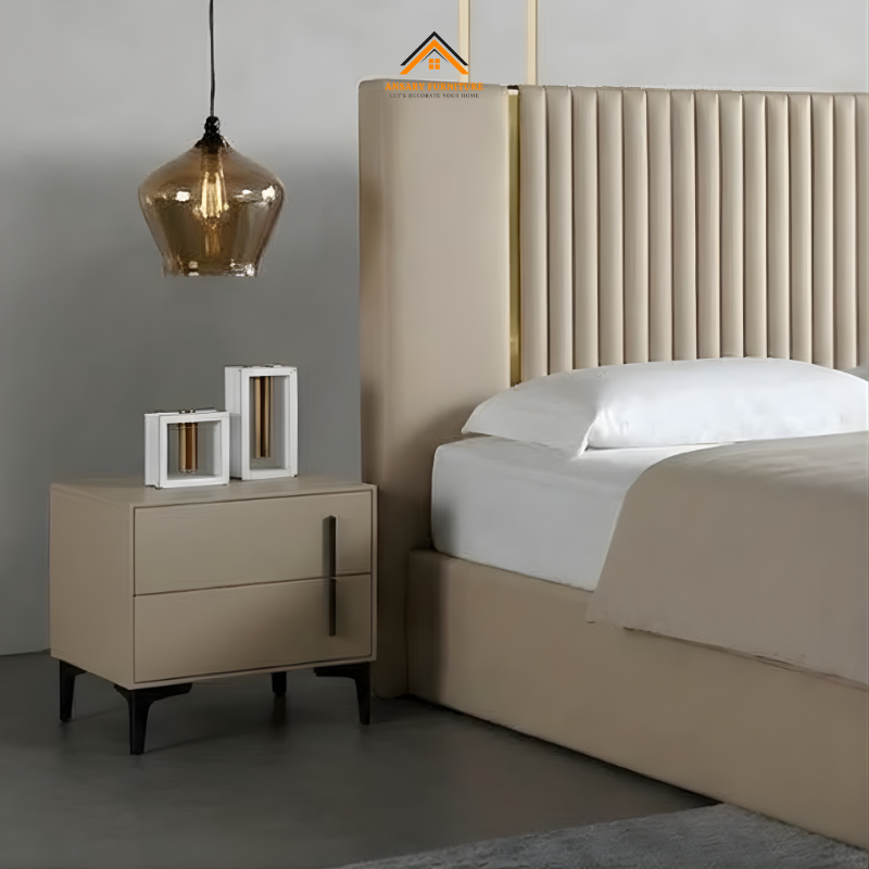 Bettie Luxury Bouclé Bed – Modern Channel Tufted King Bed with Gold Accent 3 Premium channel-tufted bed with designer headboard in a modern bedroom.