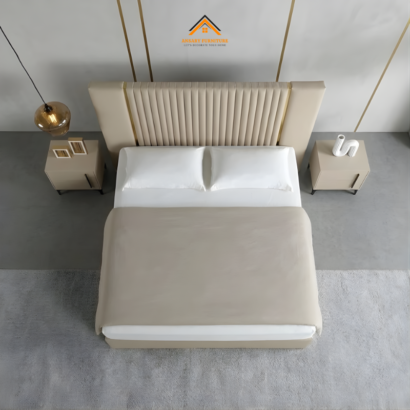 Minimalist bouclé bed frame featuring vertical stitching and luxury gold trim