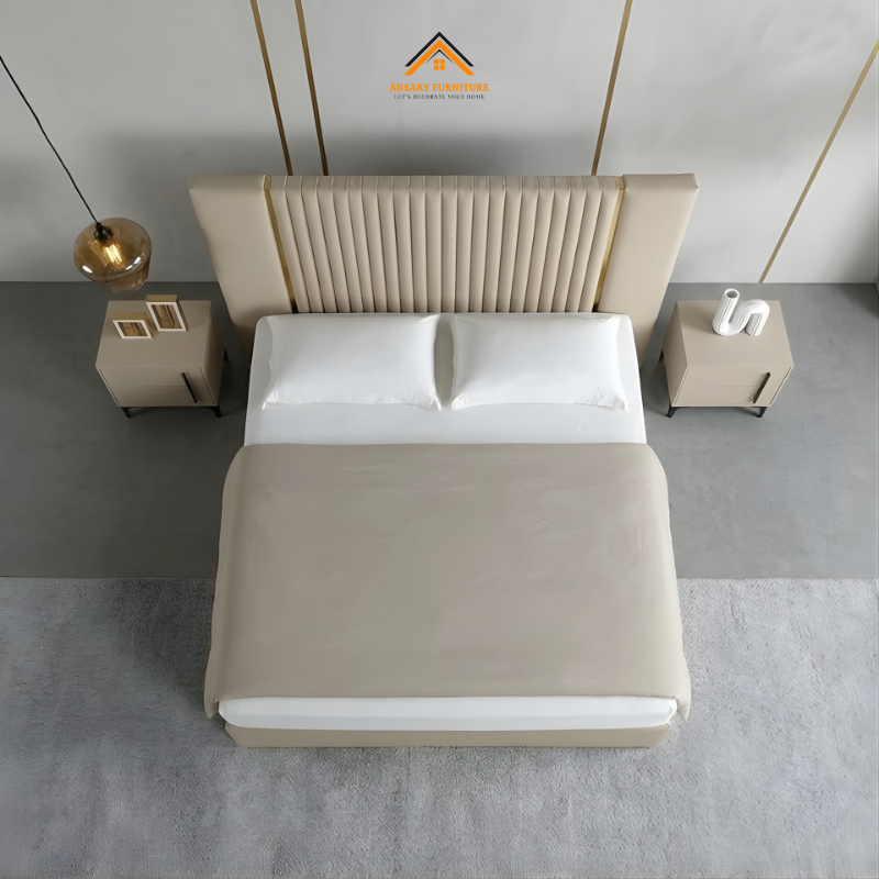 Bettie Luxury Bouclé Bed – Modern Channel Tufted King Bed with Gold Accent 4 Minimalist bouclé bed frame featuring vertical stitching and luxury gold trim