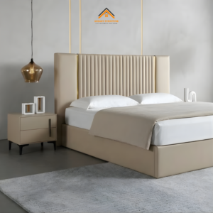 Home 6 Modern beige upholstered king bed by Ansary Furniture with gold inlay.