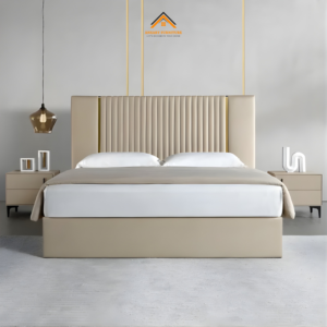 Bettie Luxury Bouclé Bed – Modern Channel Tufted King Bed with Gold Accent