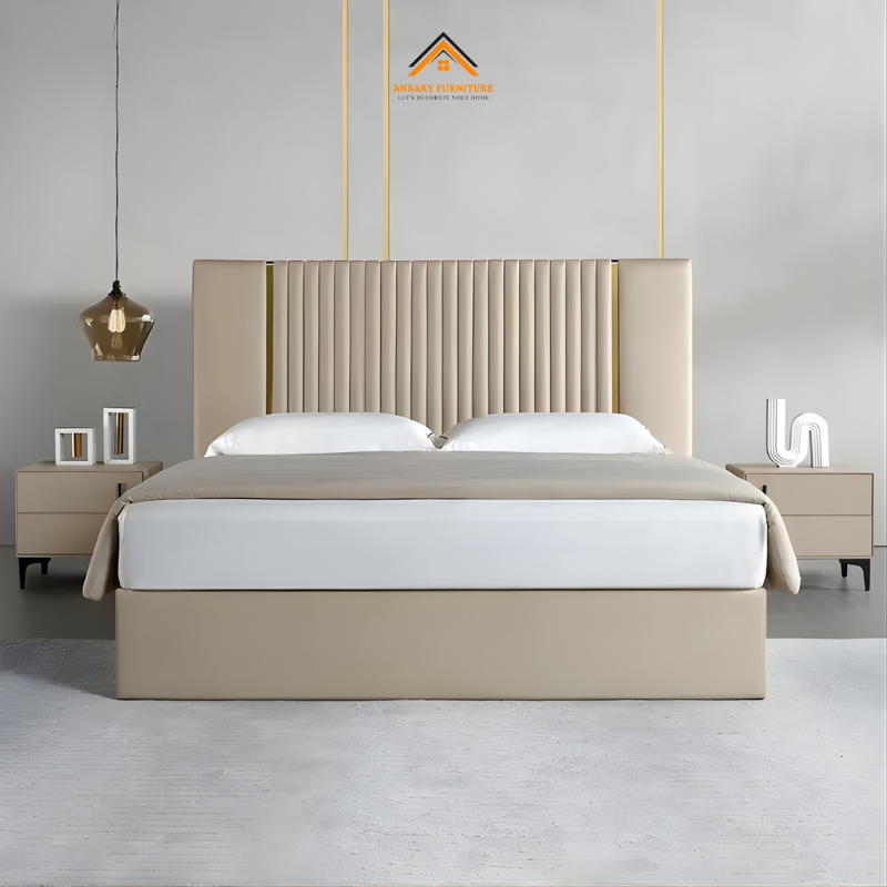 Bettie Luxury Bouclé Bed (5) Bettie Luxury Bouclé Bed – Modern Channel Tufted King Bed with Gold Accent