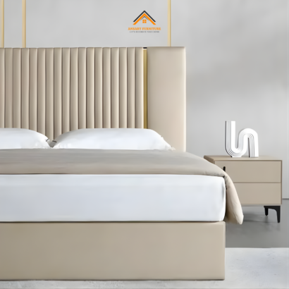 Bettie Luxury Bouclé Bed with channel tufted headboard and gold accents.