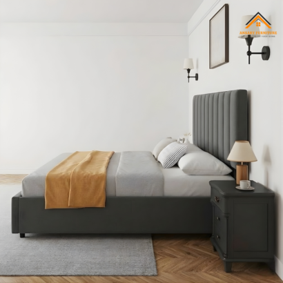 Contemporary Bed Frame Dubai in charcoal grey fabric.