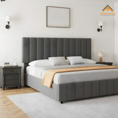 Vertical channel upholstered platform bed with headboard.