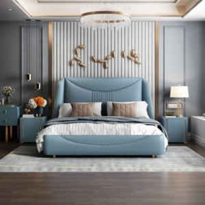 Elara Luxury Blue Leather Bed Frame with Matching 2 side table