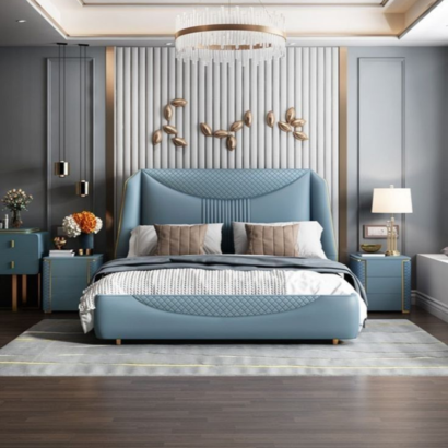 Elara Luxury Blue Leather Bed Frame with Matching 2 side table