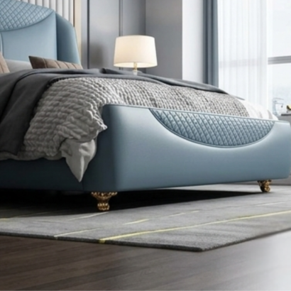 Ultra-luxury modern blue leather bed with integrated matching nightstands.