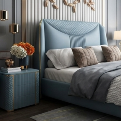 Premium azure leather upholstered bed frame for contemporary master bedrooms.