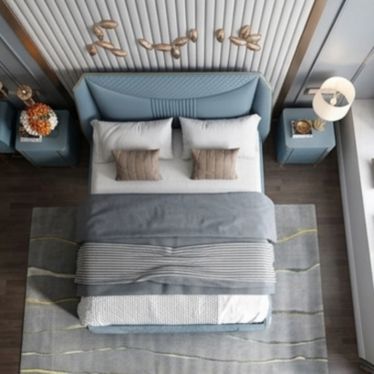 High-end minimalist blue leather bedroom set with sleek bedside tables.