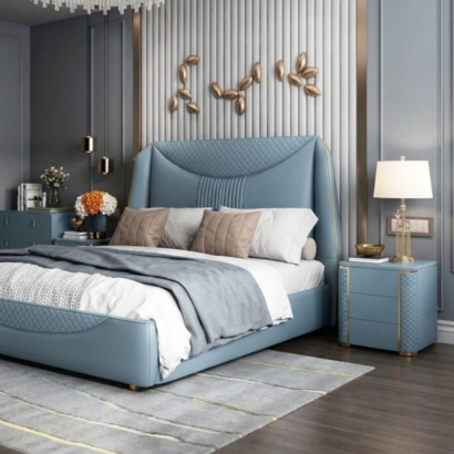 Luxury designer bedroom furniture set in deep blue top-grain leather.