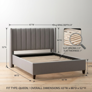 Queen Adele bed dimensions: 65"W x 86"D x 52"H.