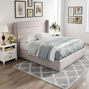 Side profile of a Premium quality fabric storage Bed Frame showing the deep upholstered base designed for hydraulic under-bed storage.