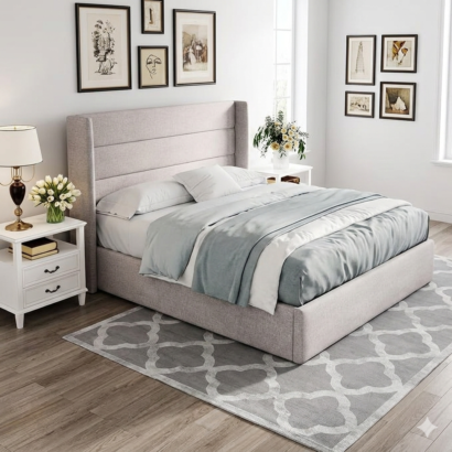 Side profile of a Premium quality fabric storage Bed Frame showing the deep upholstered base designed for hydraulic under-bed storage.