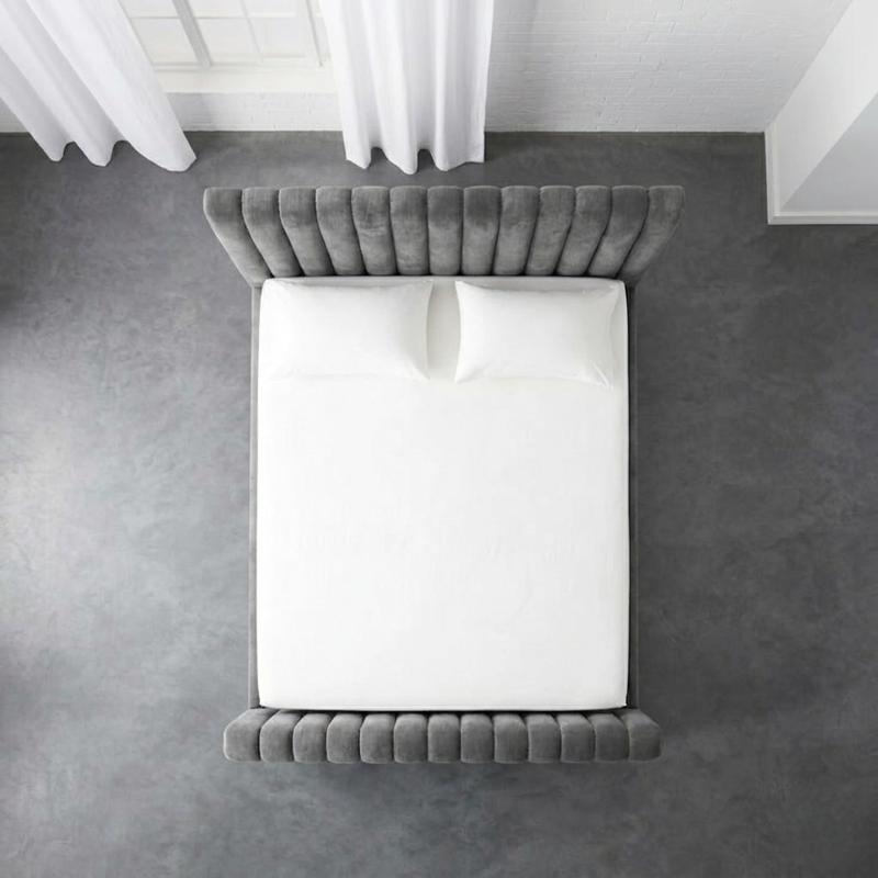 Linear Velvet Bed – Ultra-Modern Vertical Ribbed Bed Frame 4 Luxury channel tufted velvet bed with chrome legs.