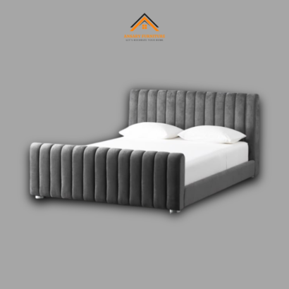 Minimalist ribbed bed frame in slate gray upholstery.
