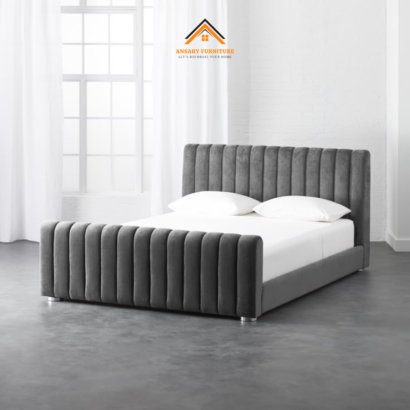 Minimalist ribbed bed frame in slate gray upholstery.