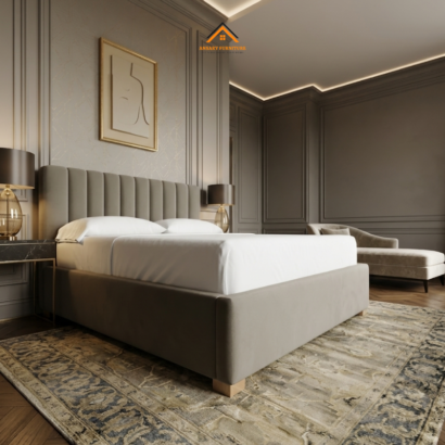 Ansary Furniture Hoffman channel-tufted upholstered bed in taupe.