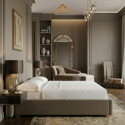 Minimalist earth-tone bed in a premium master bedroom setting.