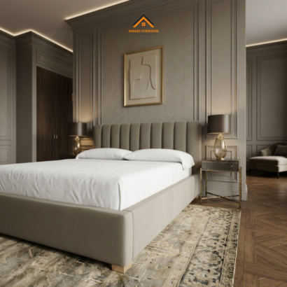 Modern vertical tufted platform bed with white bedding.