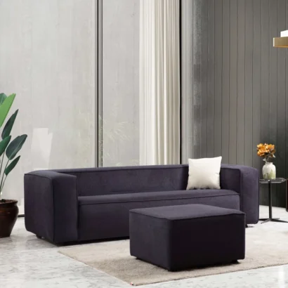 Bettie Minimalist Sofa with matching square bouclé ottoman.