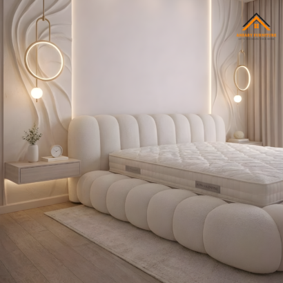 Curved cushioned headboard with vertical tufting.