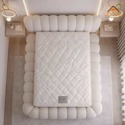 Minimalist bouclé platform bed top view.