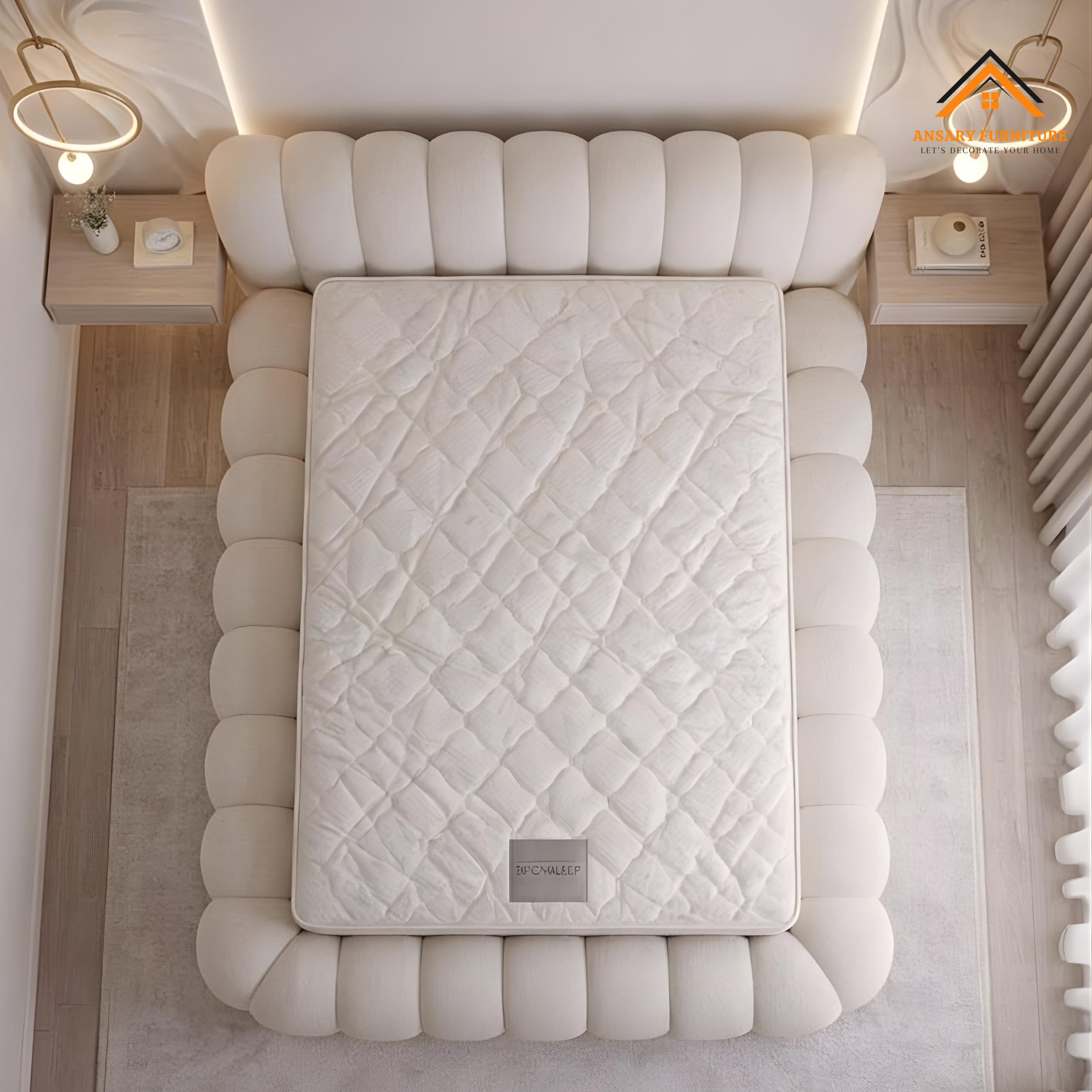 Minimalist bouclé platform bed top view.