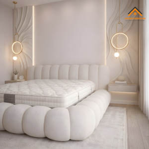 Modern Organic Bouclé Bed in Ivory White.