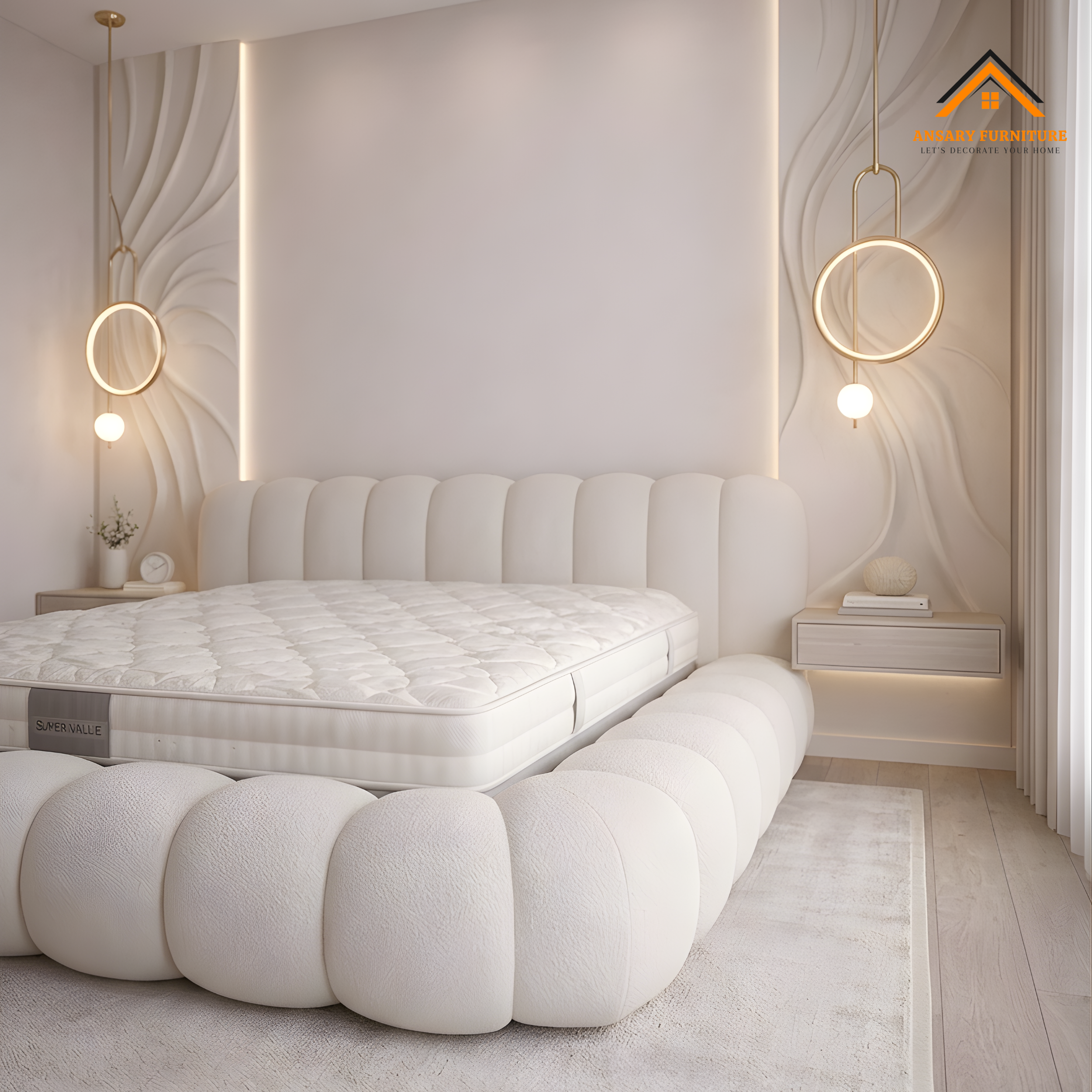 Modern Organic Bouclé Bed in Ivory White.