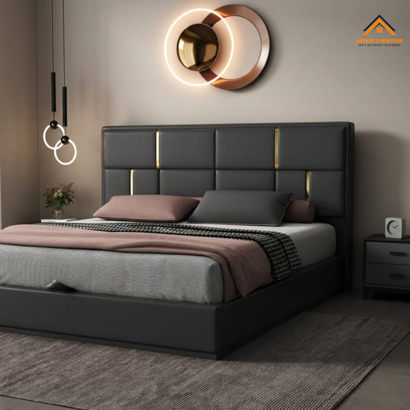 Zenith Luxe Modern Bed Frame UAE – Matte Black Upholstered Storage Bed with Gold Accents 1 Zenith Luxe Matte Black Bed with Gold Inlays