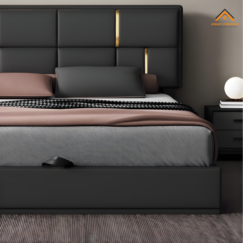 Zenith Luxe Modern Bed Frame UAE – Matte Black Upholstered Storage Bed with Gold Accents 5 Ansary Furniture Contemporary Luxury Storage Bed